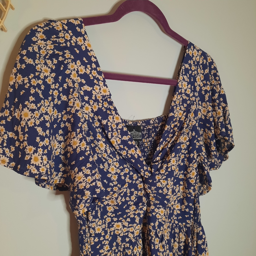 Angie Navy Floral Midi Dress with Yellow Daisies
